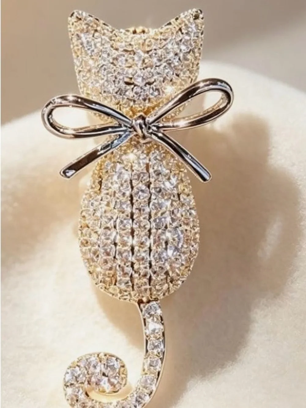 Silver Crystal Cat Brooch with Bow - Elegant Cat Pin